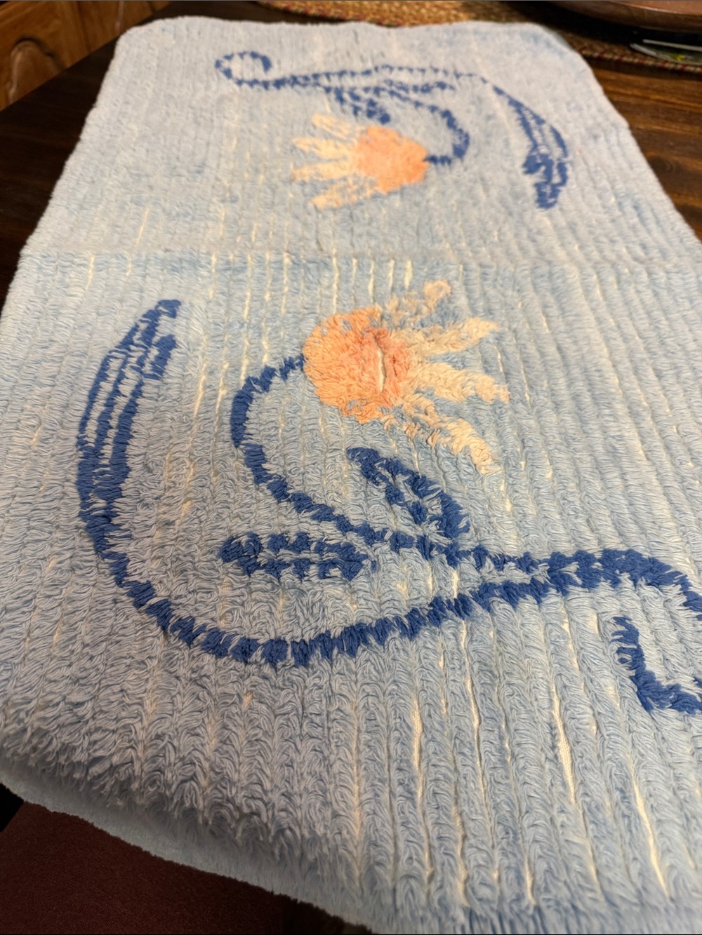 Blue Floral Chenille Bath Mat with Peach Accents